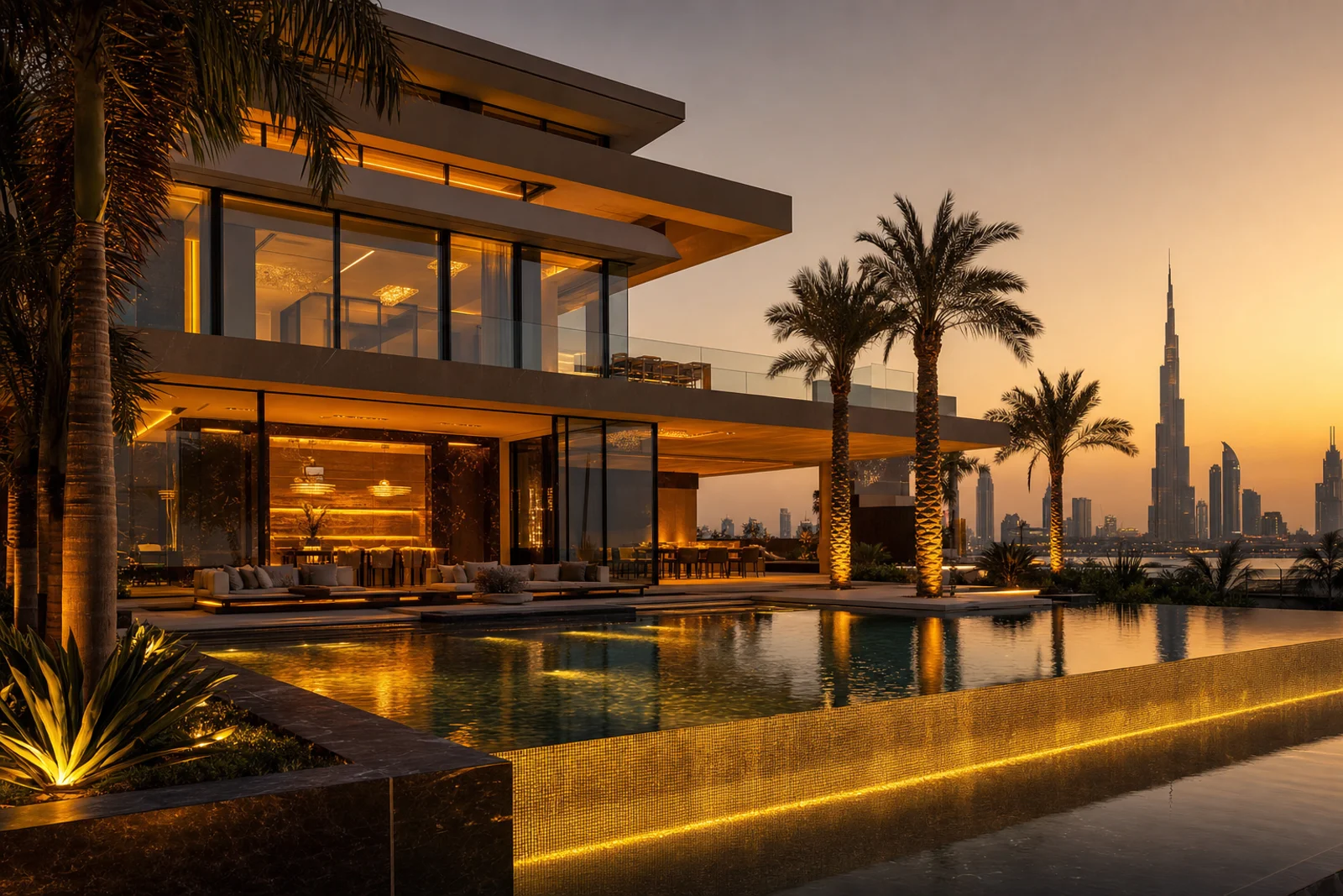 Modern luxury villa with infinity pool and Dubai skyline view at sunset