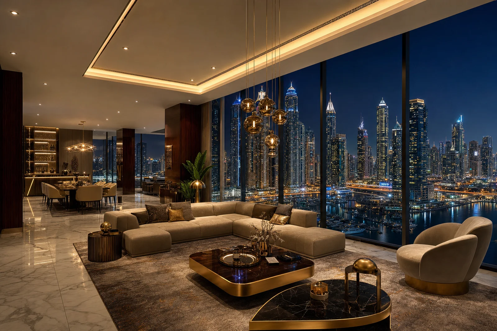Luxury penthouse living room with panoramic Dubai Marina skyline view at night