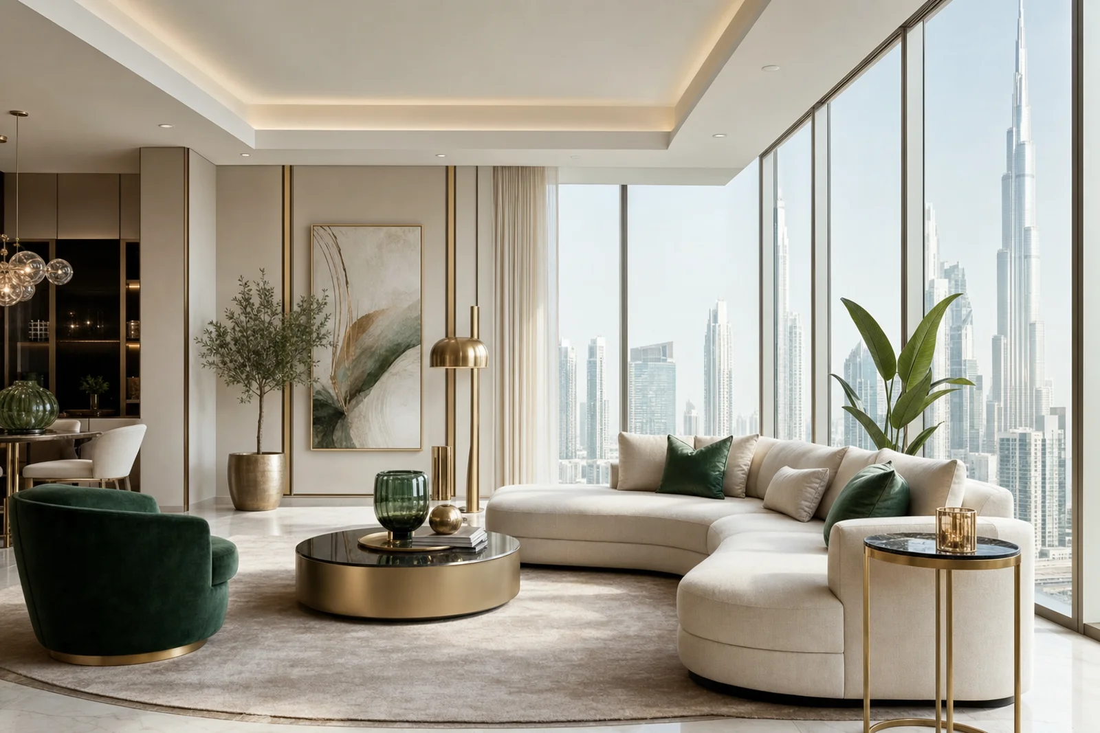 Elegant off-plan development show apartment interior with Burj Khalifa view