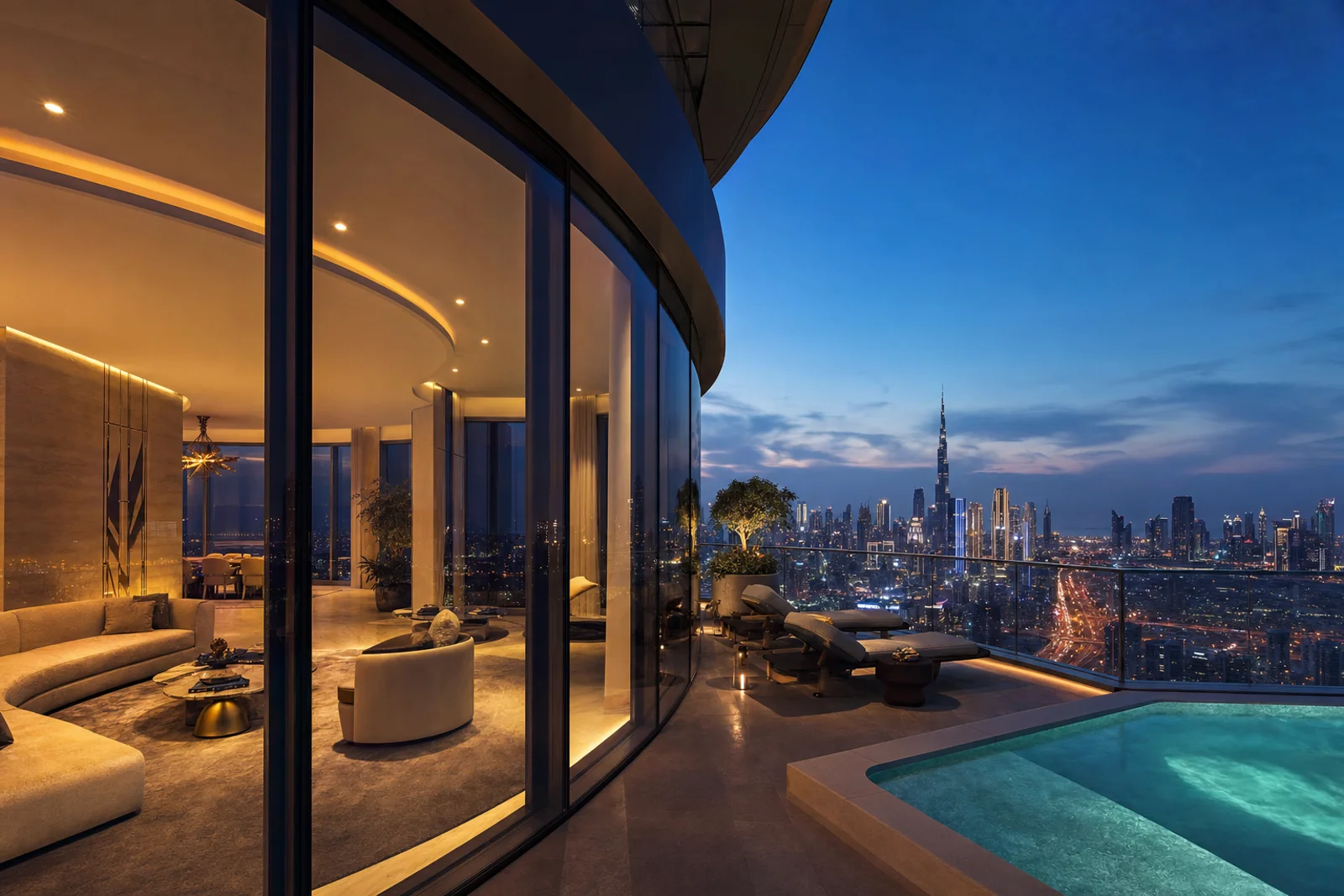 Sky villa terrace with private plunge pool overlooking Downtown Dubai at dusk