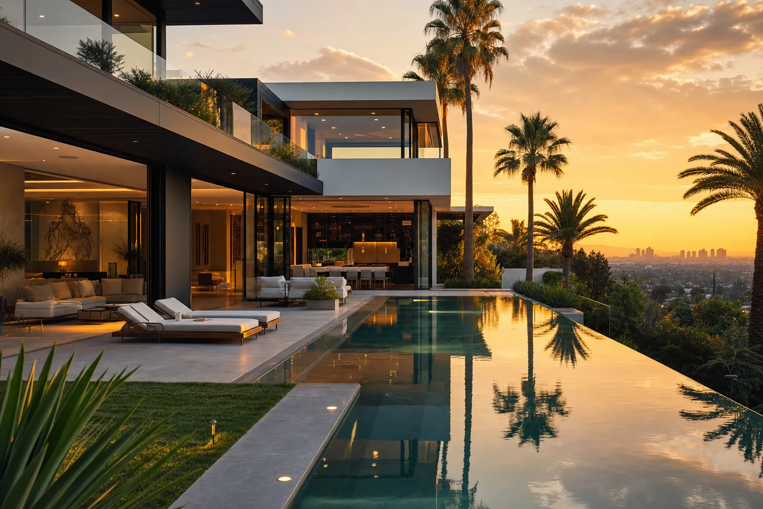Modern glass mansion with infinity pool overlooking Los Angeles skyline at sunset