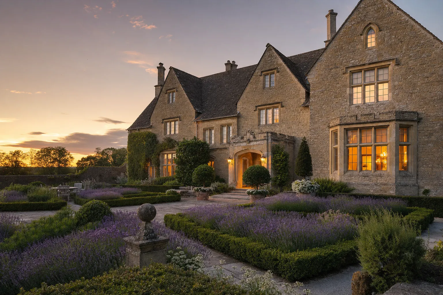 Historic English manor house with lavender gardens in the Cotswolds
