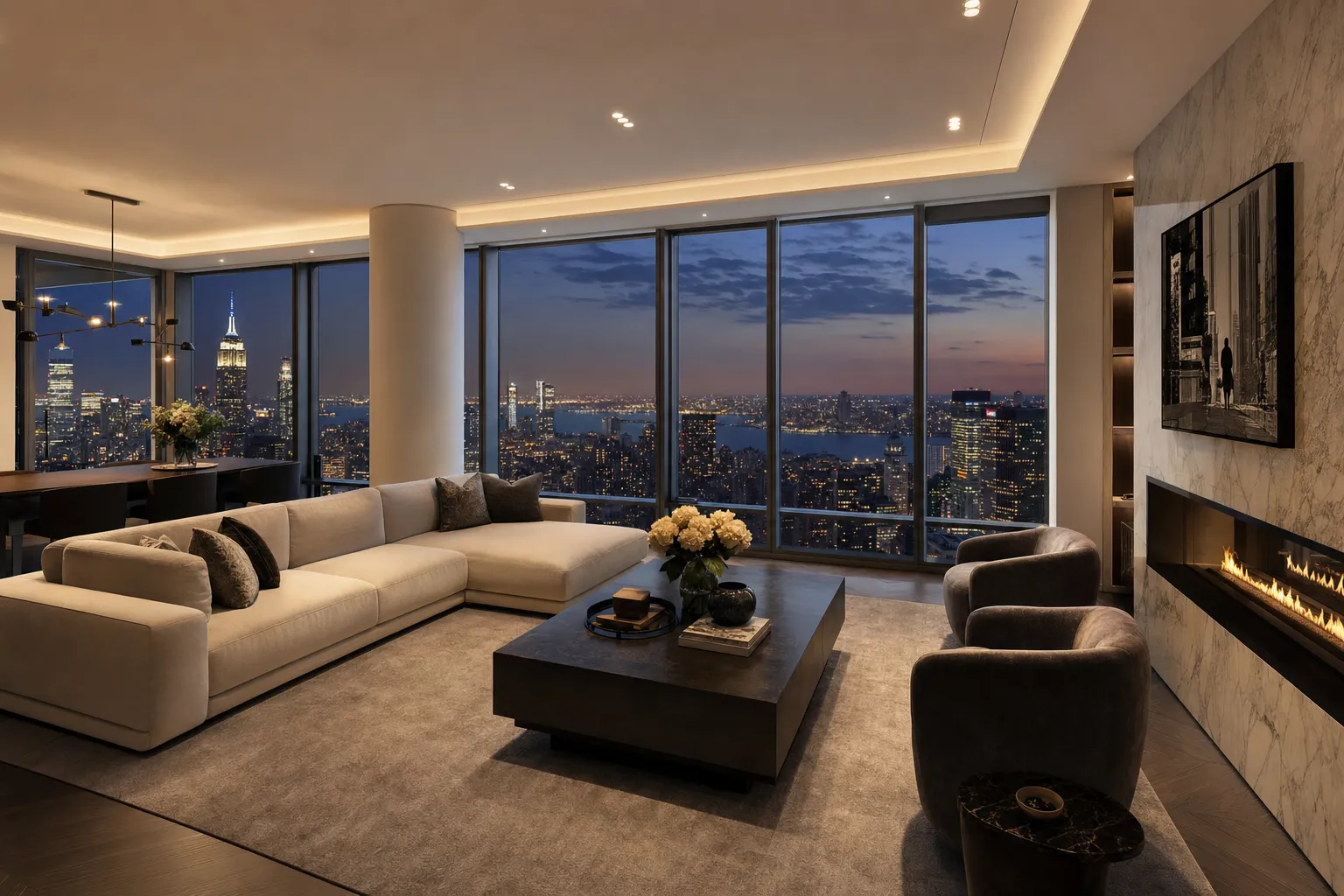 Luxury Manhattan penthouse living room with New York skyline view at twilight
